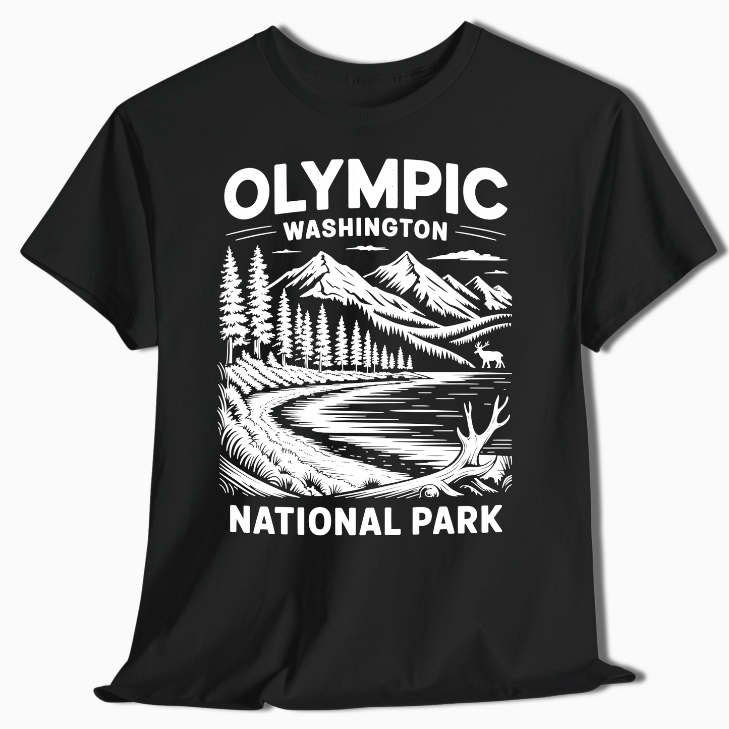 Olympic National Park T-Shirt with Elk & Mountains - Hiking Gift - t374a25