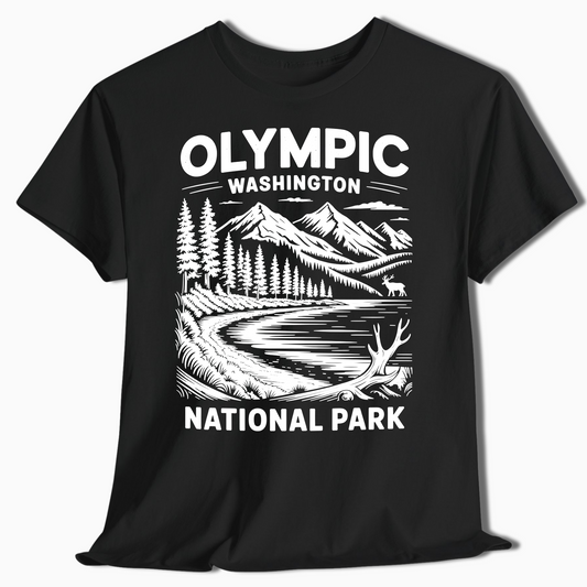 Olympic National Park T-Shirt with Elk & Mountains - Hiking Gift - t374a25