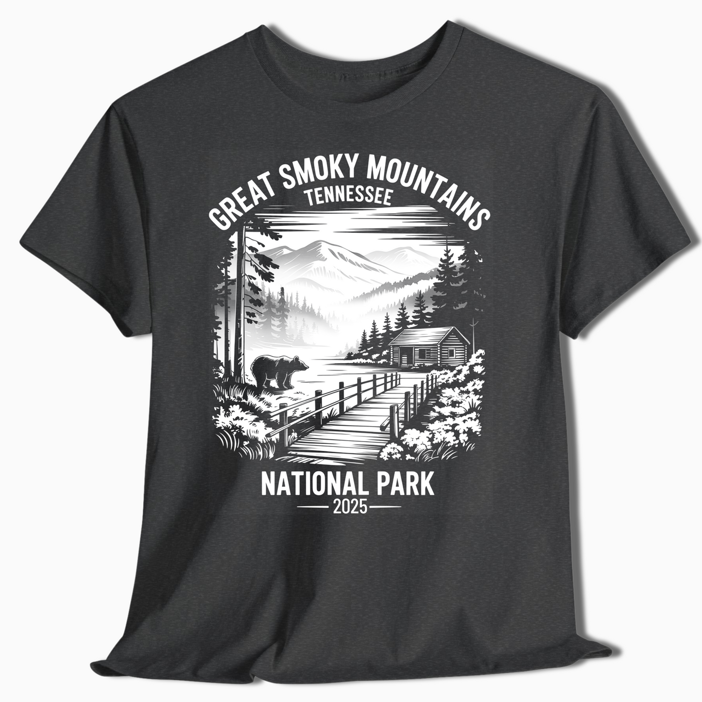 Great Smoky Mountains T-Shirt with Bear & Cabin - Custom Year - t377a25