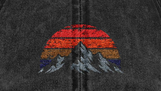 TrekBudo Mountain Sunset Cap Embroidery Detail - Retro Design Close-up