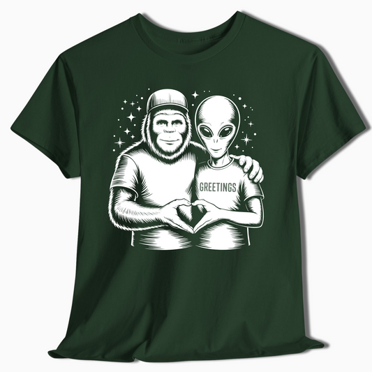 Bigfoot and Alien Funny T-Shirt - t412a25