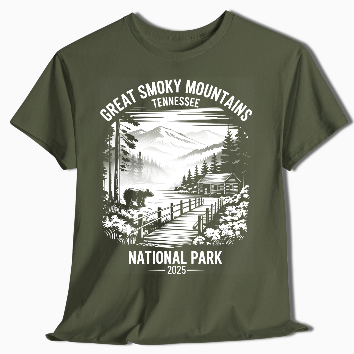 Great Smoky Mountains T-Shirt with Bear & Cabin - Custom Year - t377a25