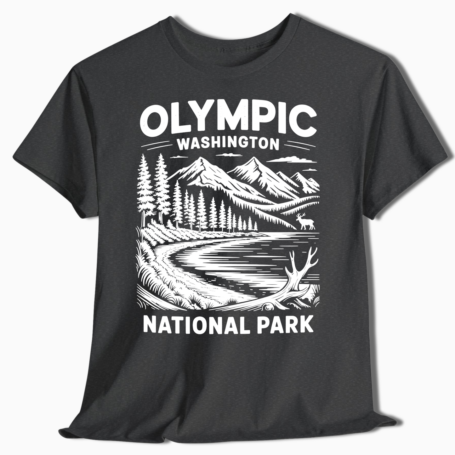 Olympic National Park T-Shirt with Elk & Mountains - Hiking Gift - t374a25