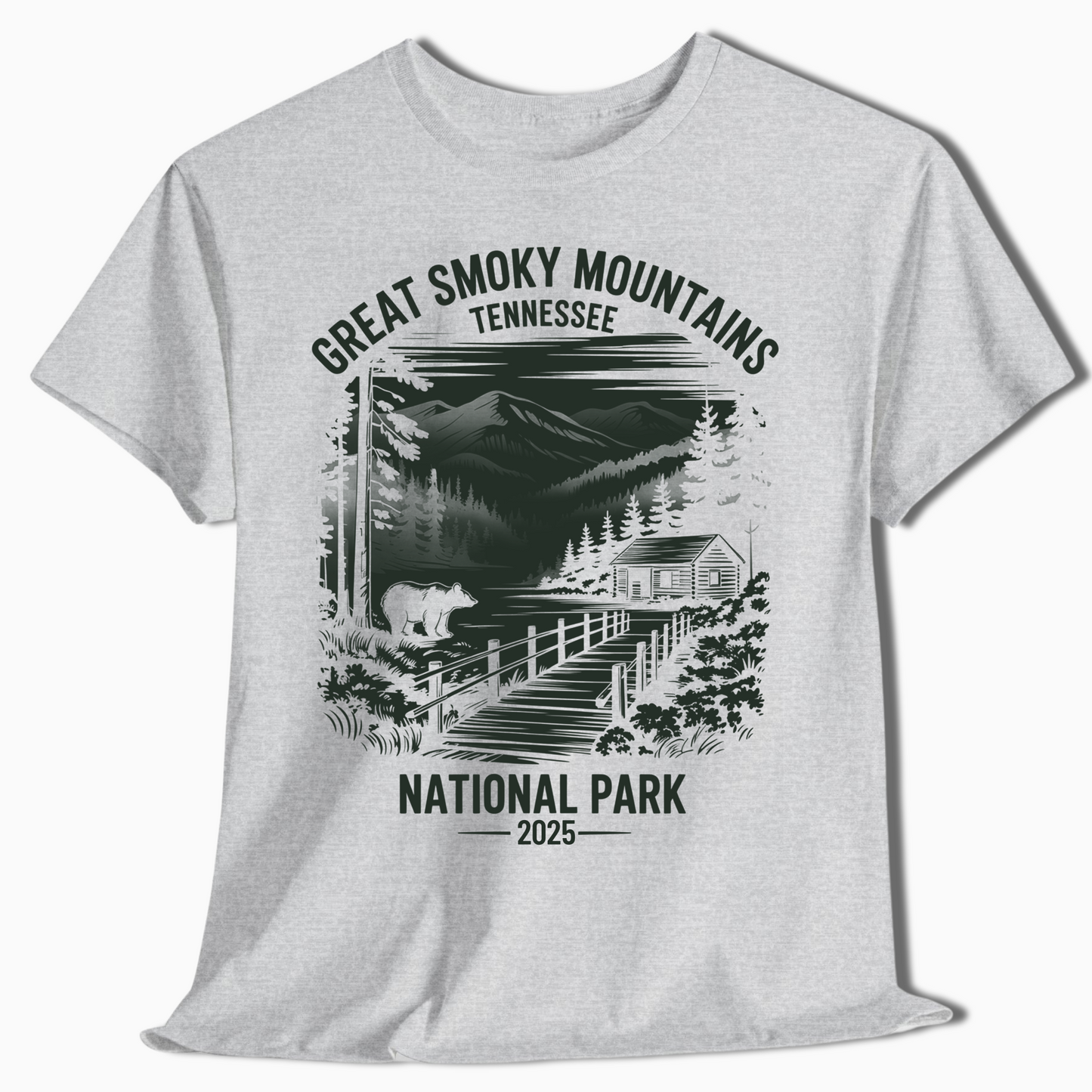 Great Smoky Mountains T-Shirt with Bear & Cabin - Custom Year - t377a25
