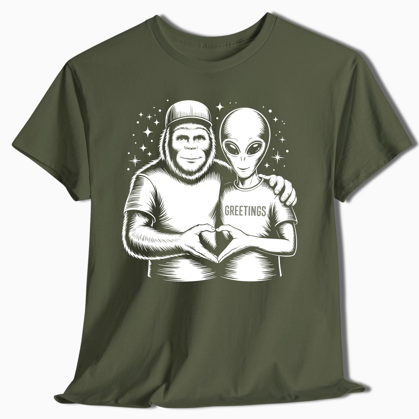 Bigfoot and Alien Funny T-Shirt - t412a25