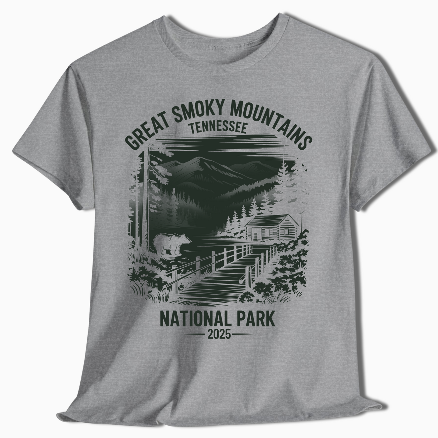 Great Smoky Mountains T-Shirt with Bear & Cabin - Custom Year - t377a25