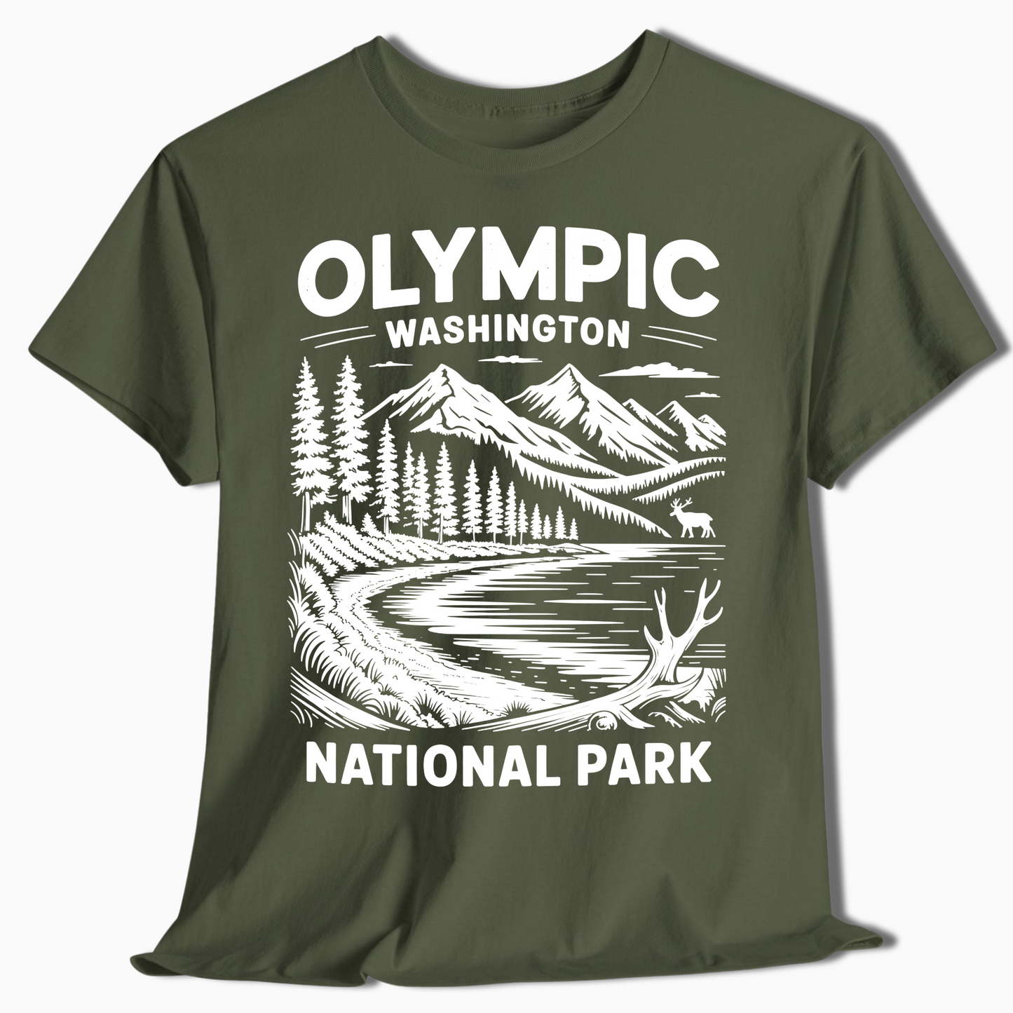 Olympic National Park T-Shirt with Elk & Mountains - Hiking Gift - t374a25