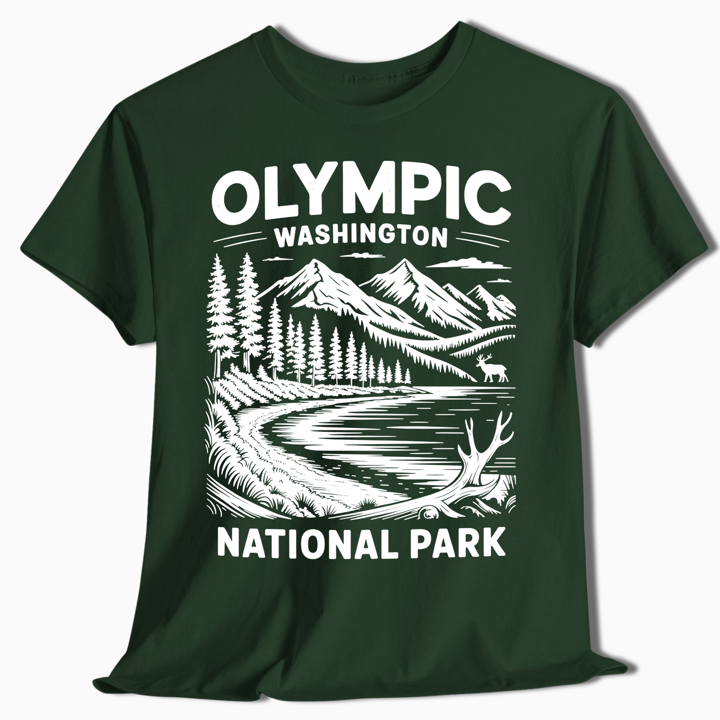 Olympic National Park T-Shirt with Elk & Mountains - Hiking Gift - t374a25