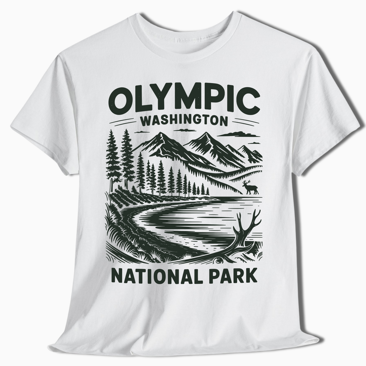 Olympic National Park T-Shirt with Elk & Mountains - Hiking Gift - t374a25