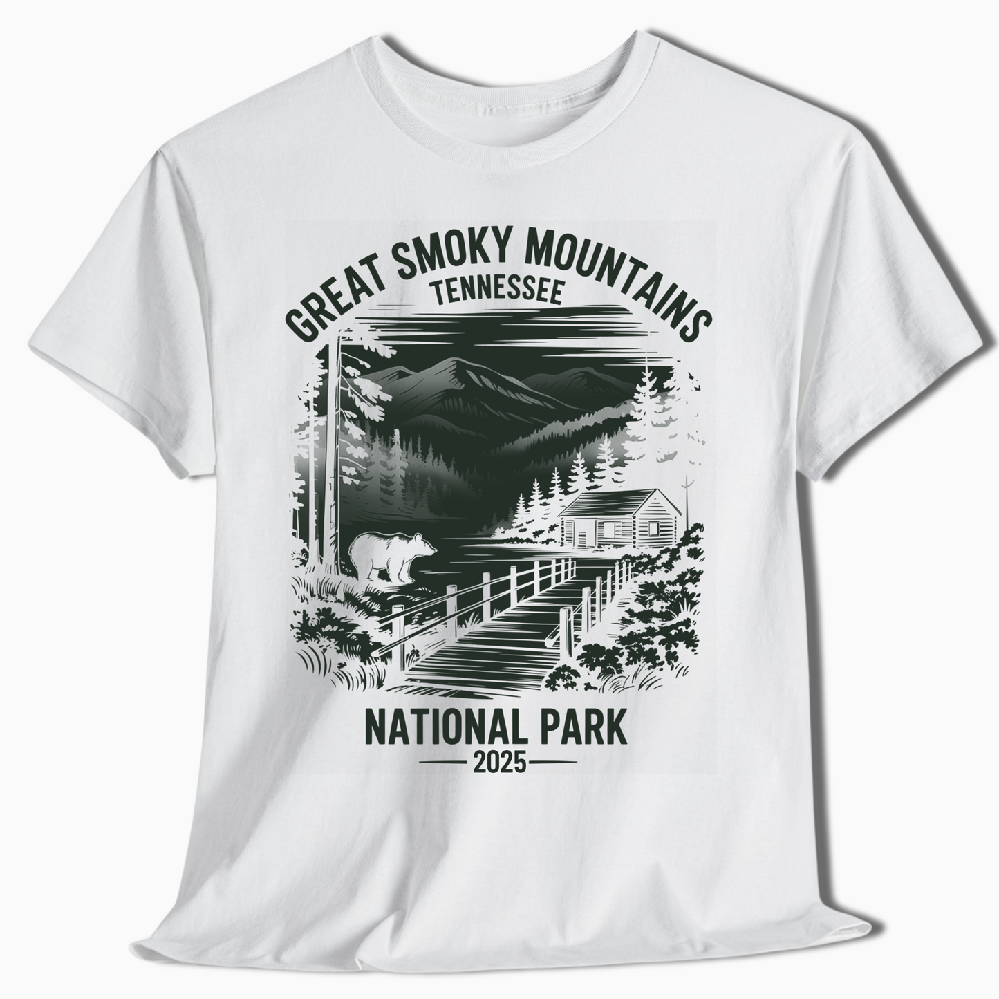 Great Smoky Mountains T-Shirt with Bear & Cabin - Custom Year - t377a25