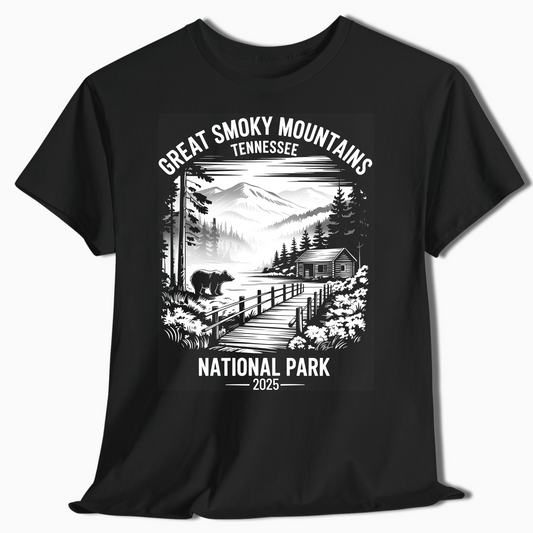Great Smoky Mountains T-Shirt with Bear & Cabin - Custom Year - t377a25