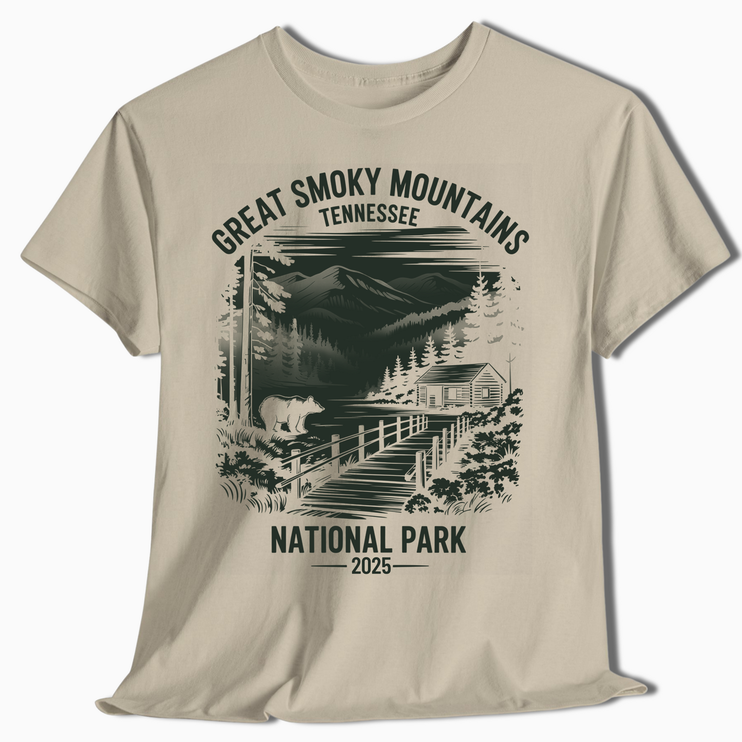 Great Smoky Mountains T-Shirt with Bear & Cabin - Custom Year - t377a25