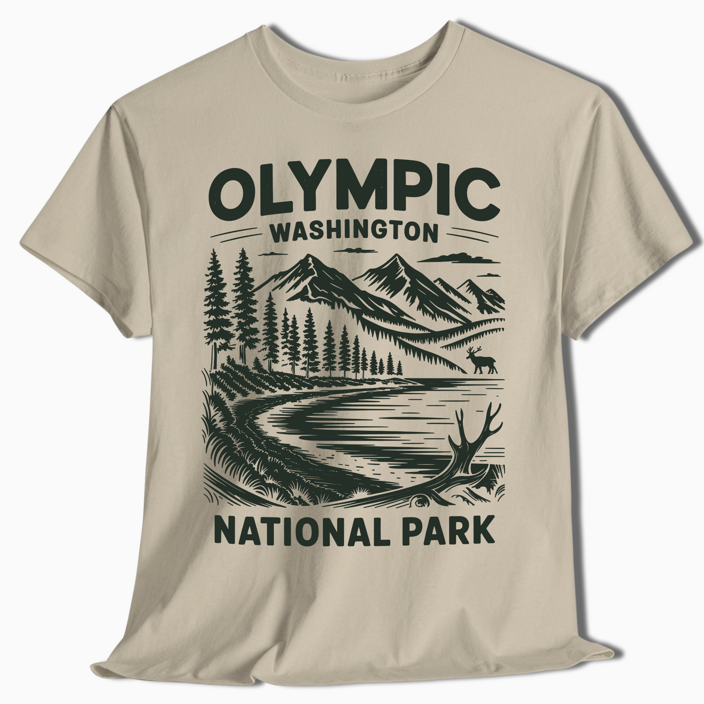 Olympic National Park T-Shirt with Elk & Mountains - Hiking Gift - t374a25