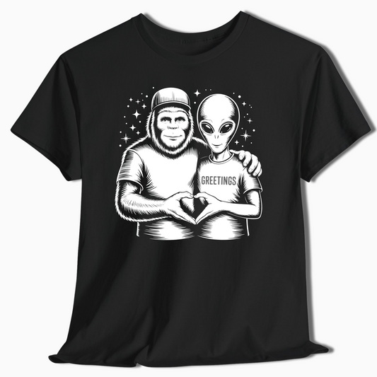 Bigfoot and Alien Funny T-Shirt - t412a25