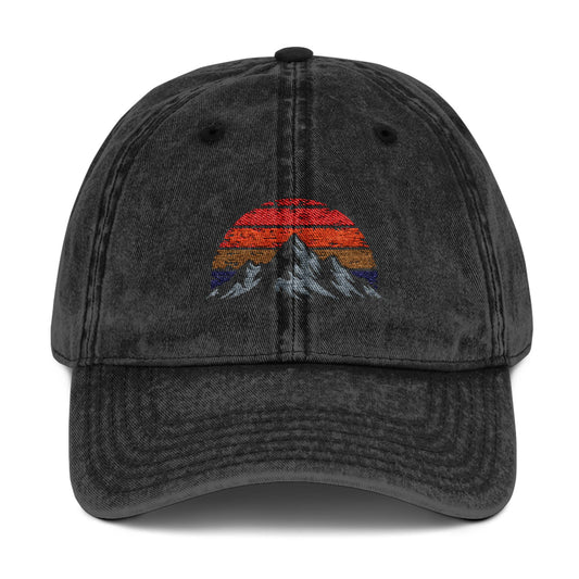 TrekBudo Retro Mountain Sunset Vintage Cap - Mountain Scene Baseball Hat - Front View