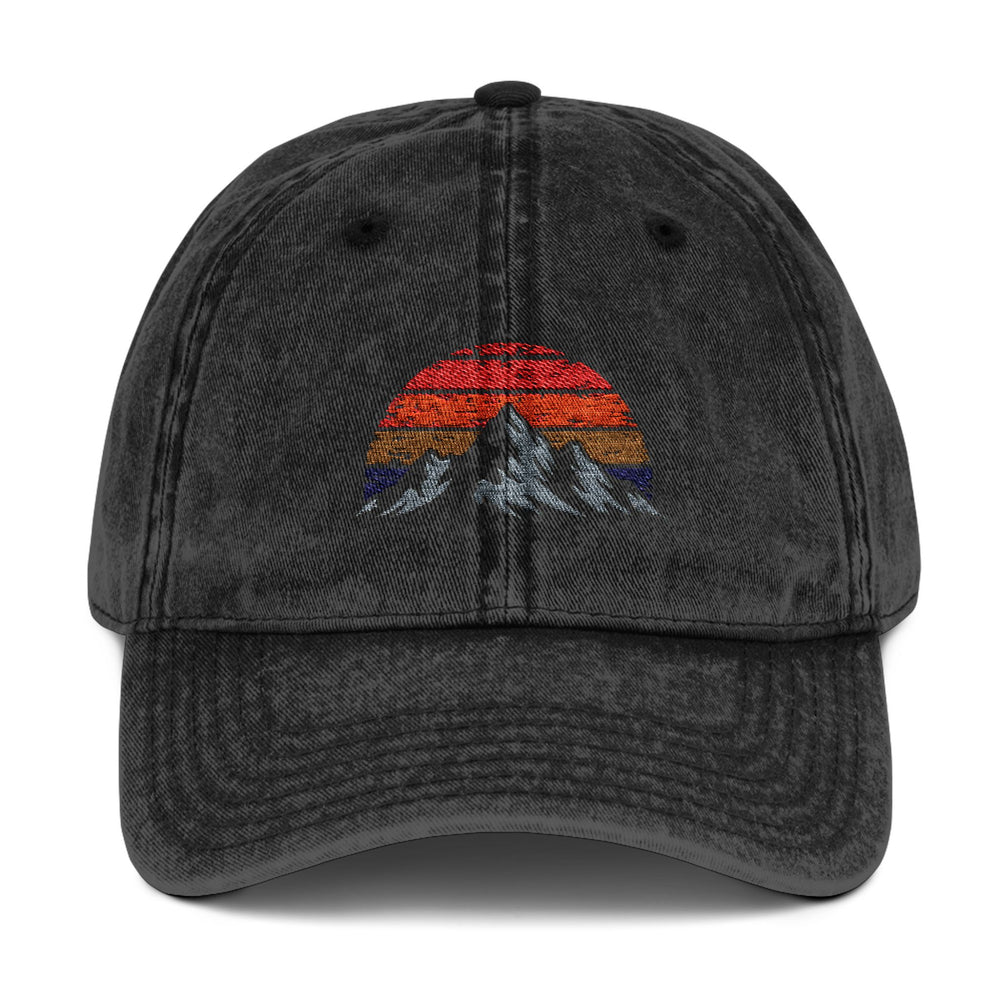 TrekBudo Retro Mountain Sunset Vintage Cap - Mountain Scene Baseball Hat - Front View