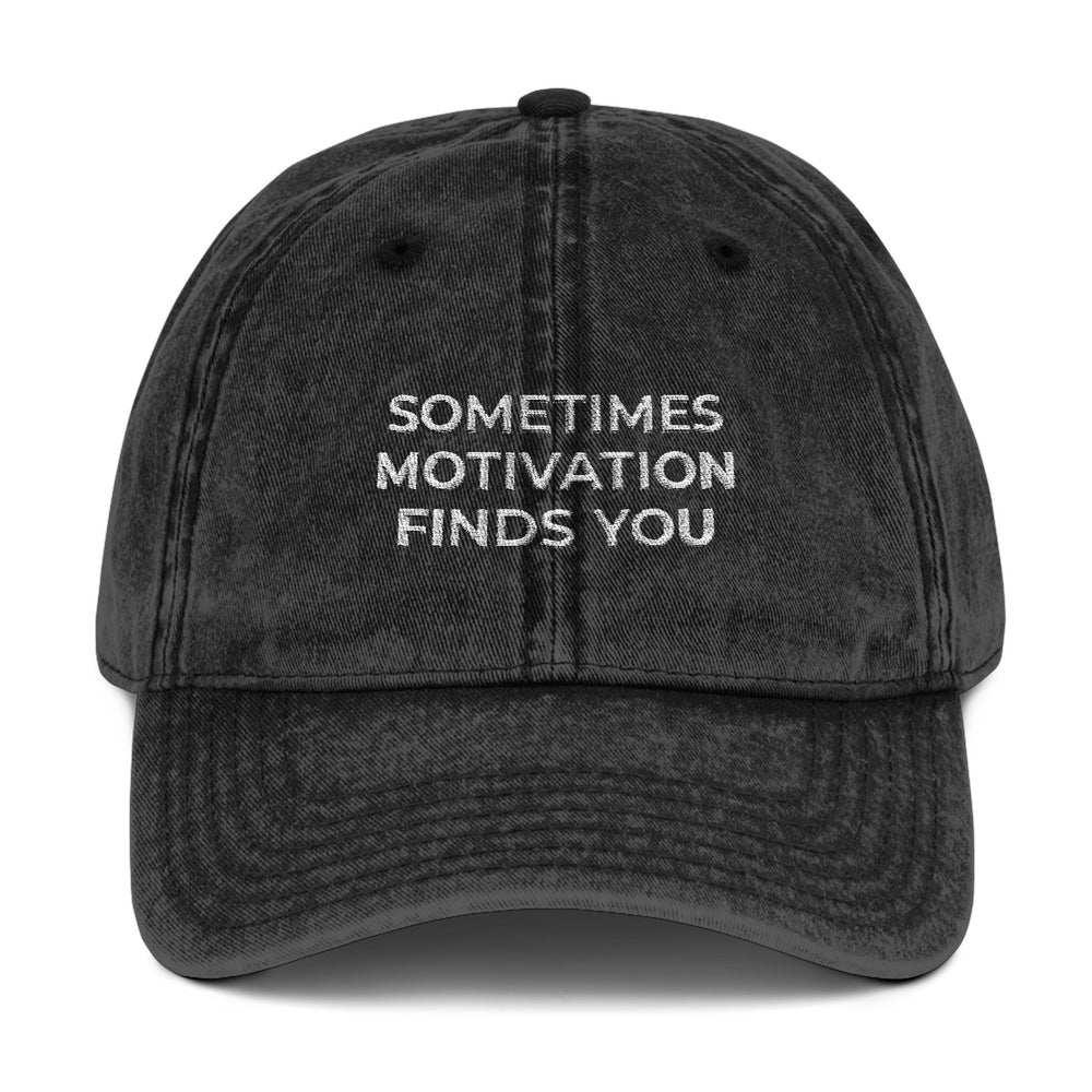TrekBudo Sometimes Motivation Finds You Vintage Cap - Distressed Style Baseball Hat - Front View