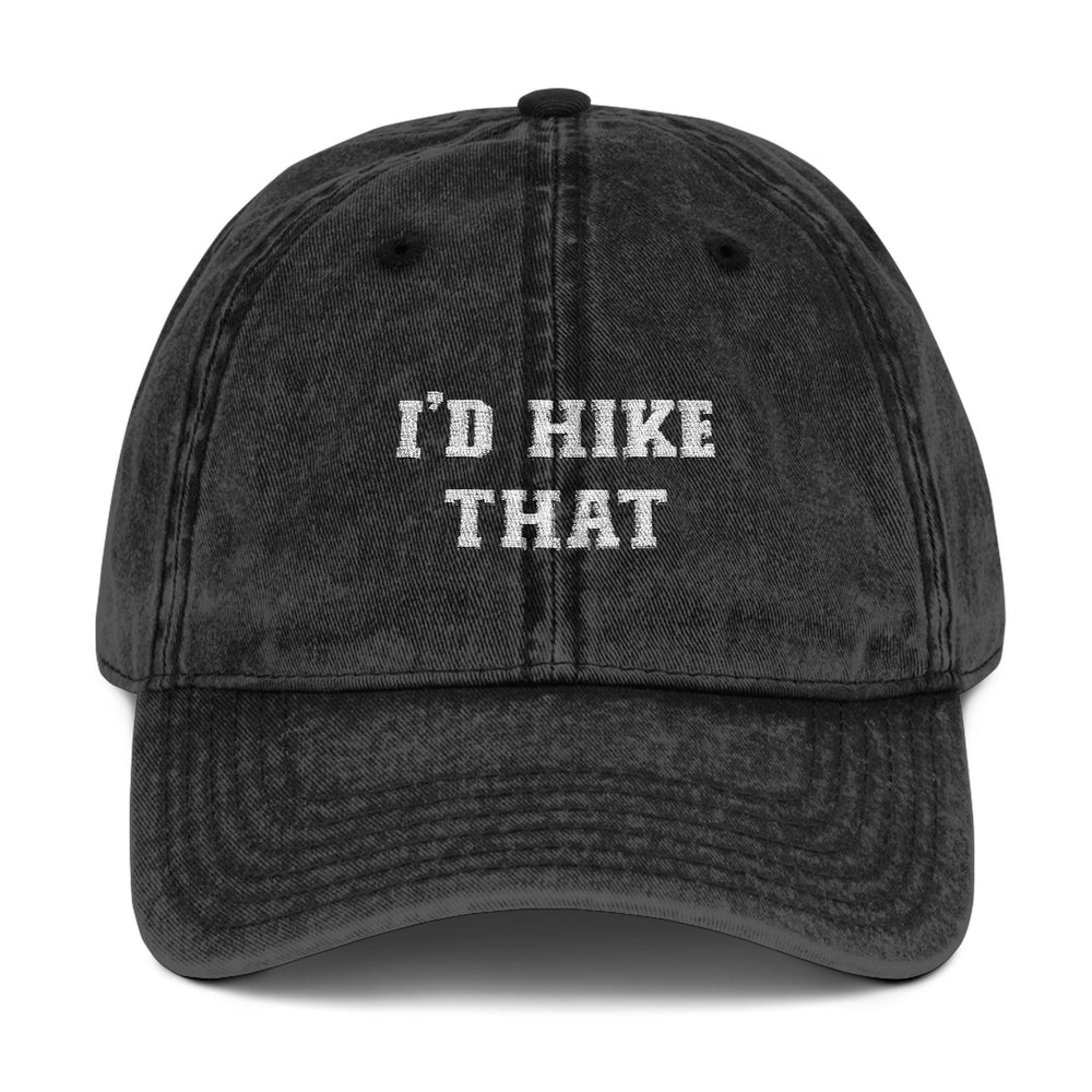 TrekBudo I'd Hike That Vintage Cap with Bold Text Design - Black Baseball Hat - Front View