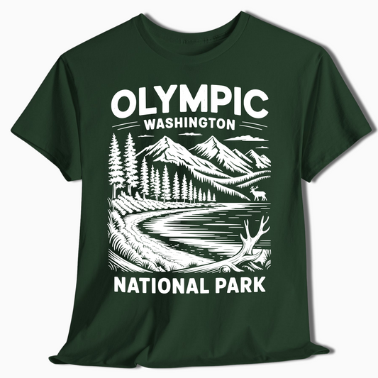 Olympic National Park T-Shirt with Elk & Mountains - Hiking Gift - t374a25