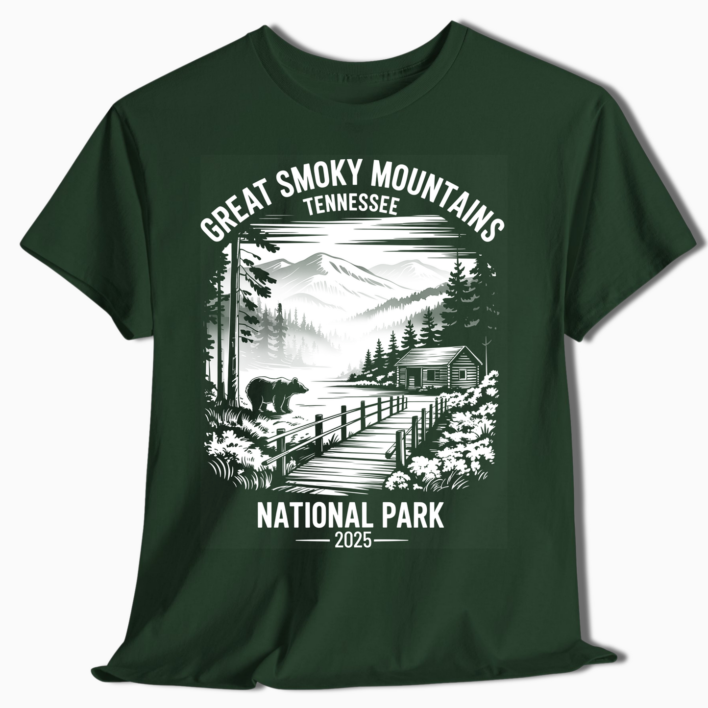 Great Smoky Mountains T-Shirt with Bear & Cabin - Custom Year - t377a25