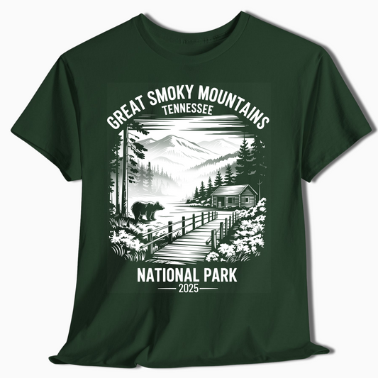 Great Smoky Mountains T-Shirt with Bear & Cabin - Custom Year - t377a25